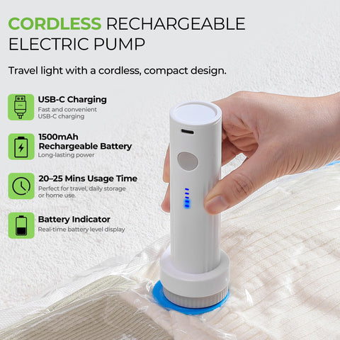 Muimuichu cordless pump with 1500mAh for quick, hands-free packing