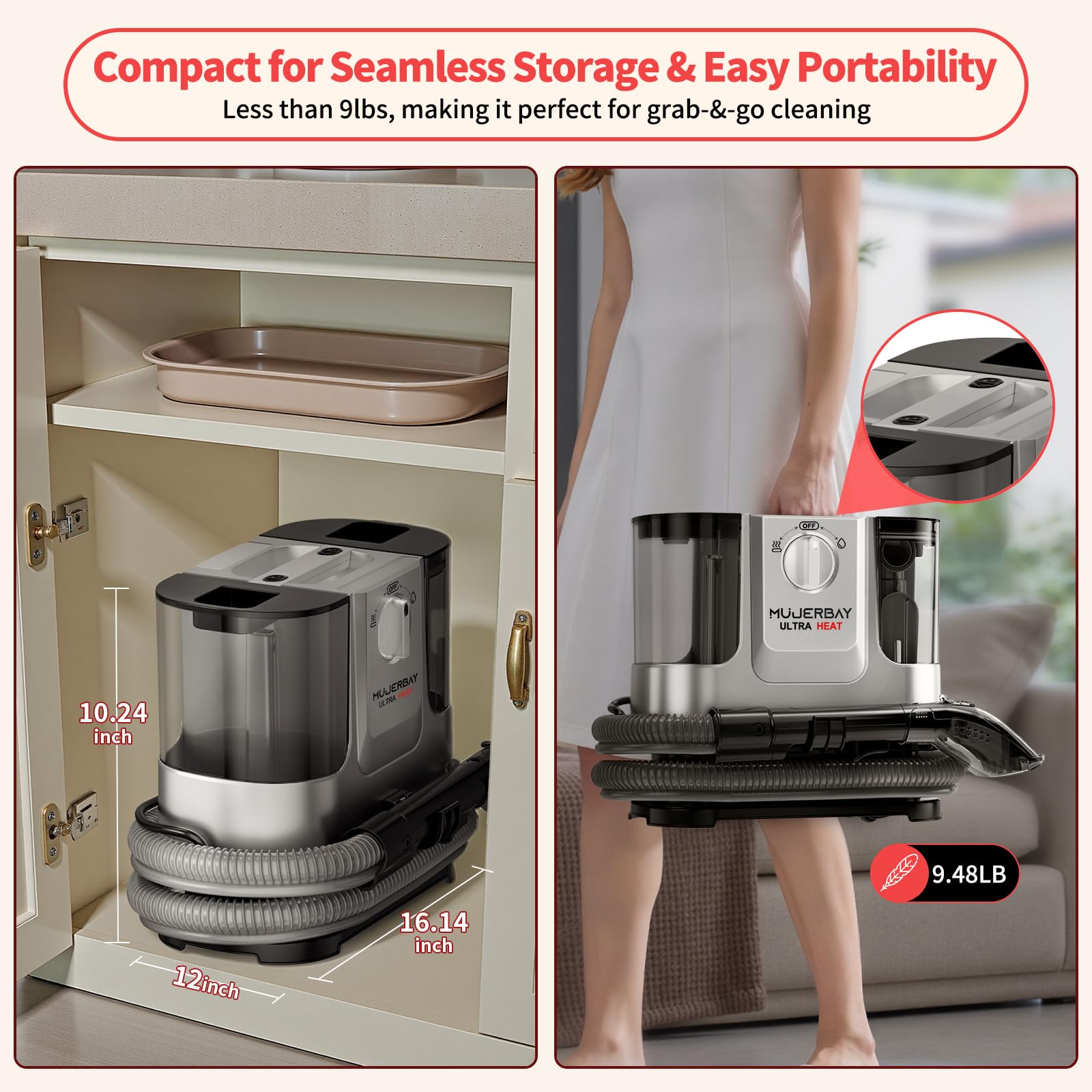 MUJERBAY 1.18-inch cleaning depth tackles embedded grime.
