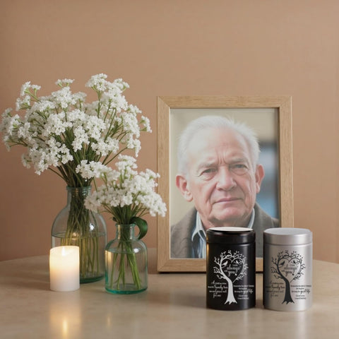 MULCHUM travel-ready black mini urn—portable tribute for memories on the go.