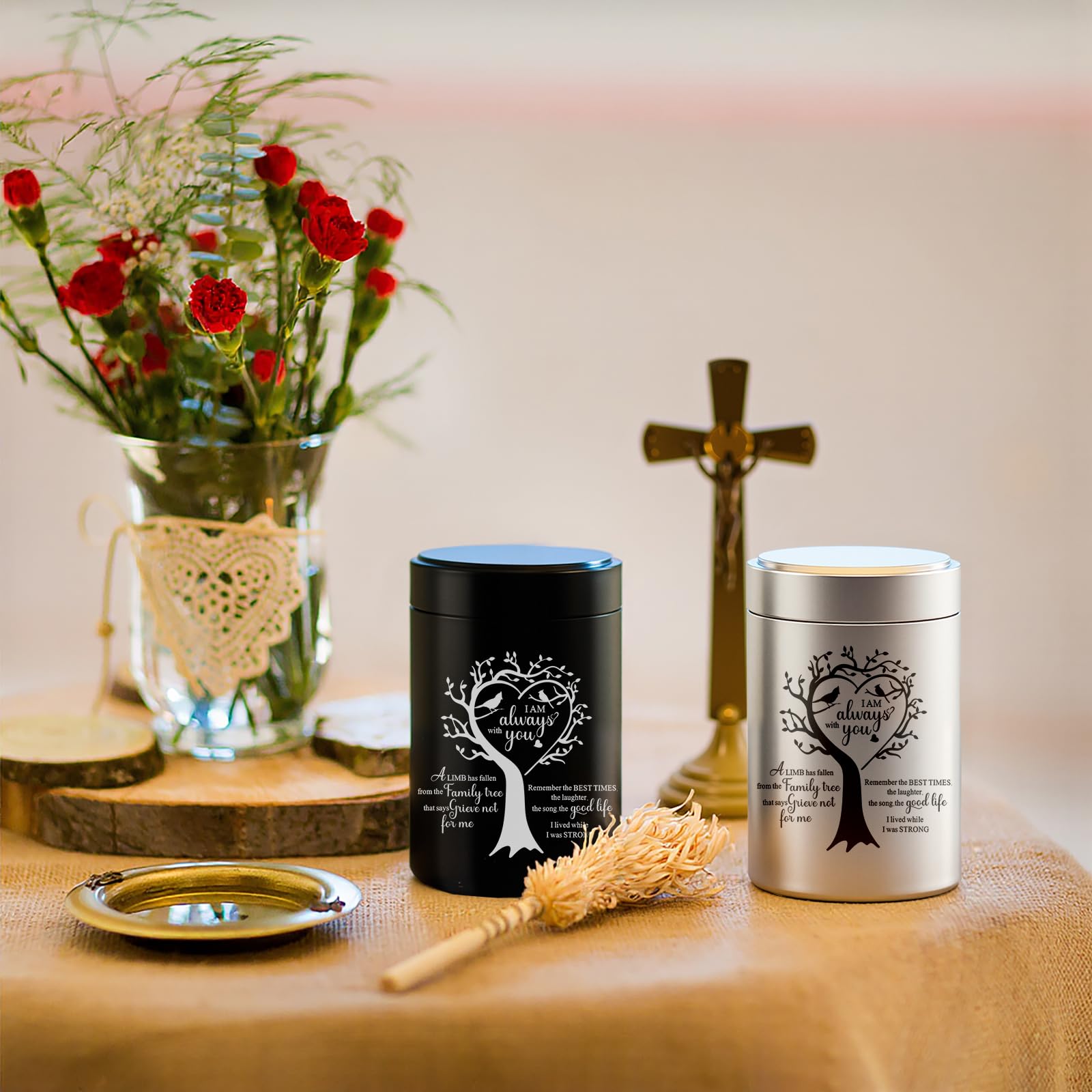 MULCHUM travel-ready silver mini urn—lightweight memory display on shelves or mantels.