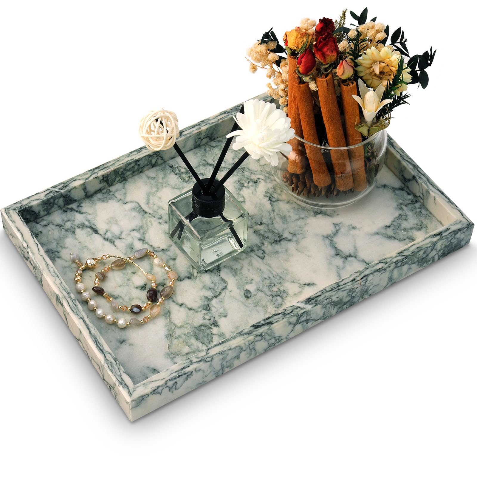 MULWR marble bathroom tray closeup highlighting unique veining and cyan-green color