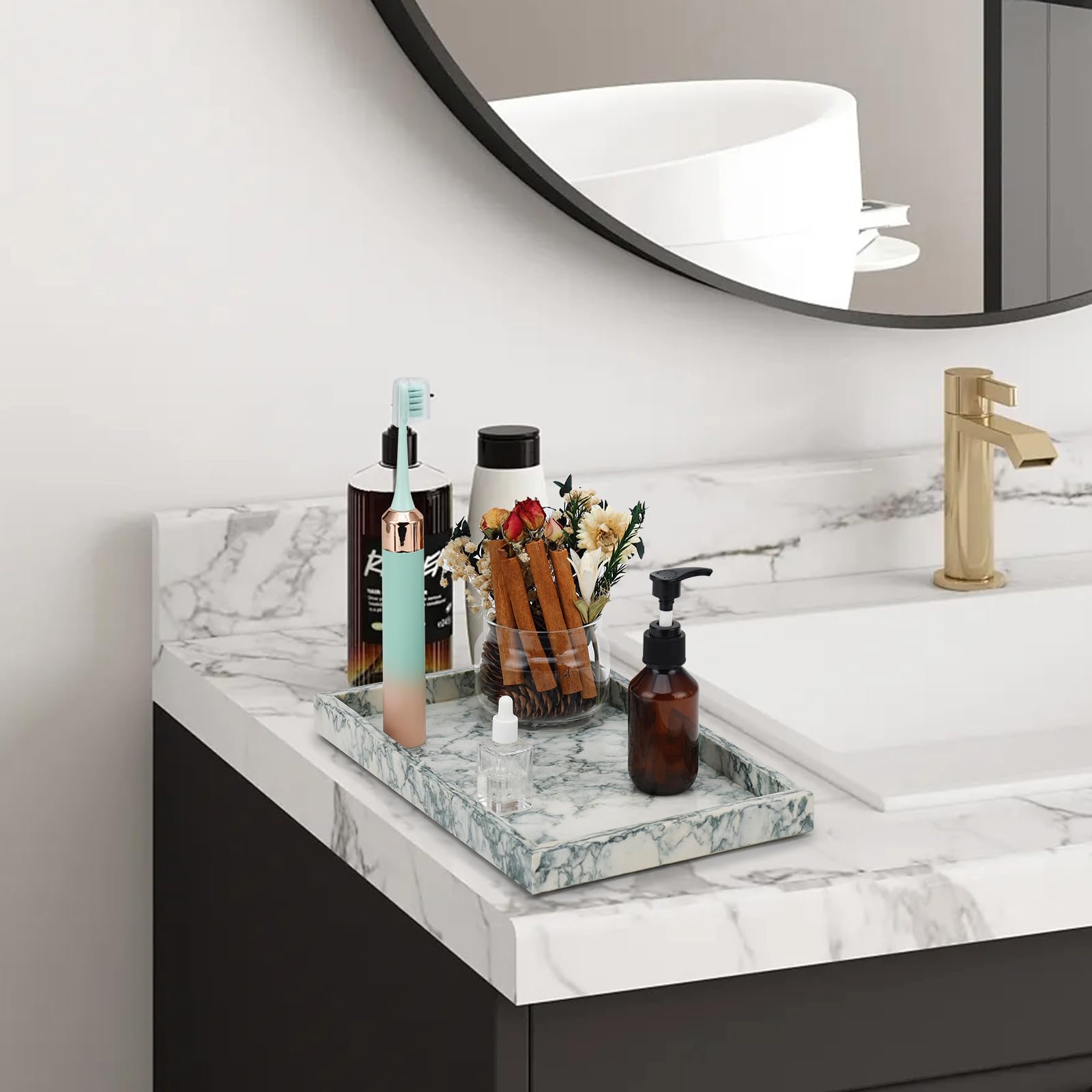 MULWR marble tray holding jewelry and watches for graceful organization