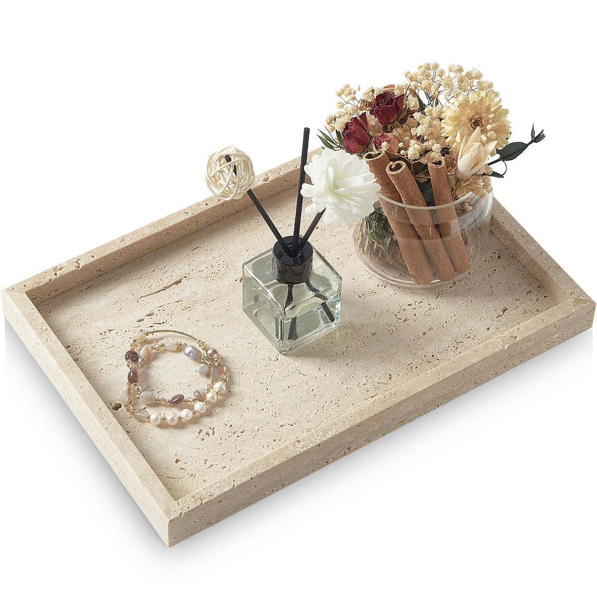 MULWR Travertine Tray with natural marble patterns for elegant bathroom organization.