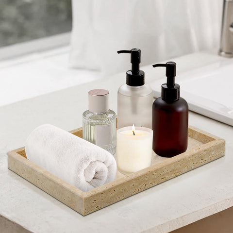 MULWR travertine tray helps organize essentials on the sink.