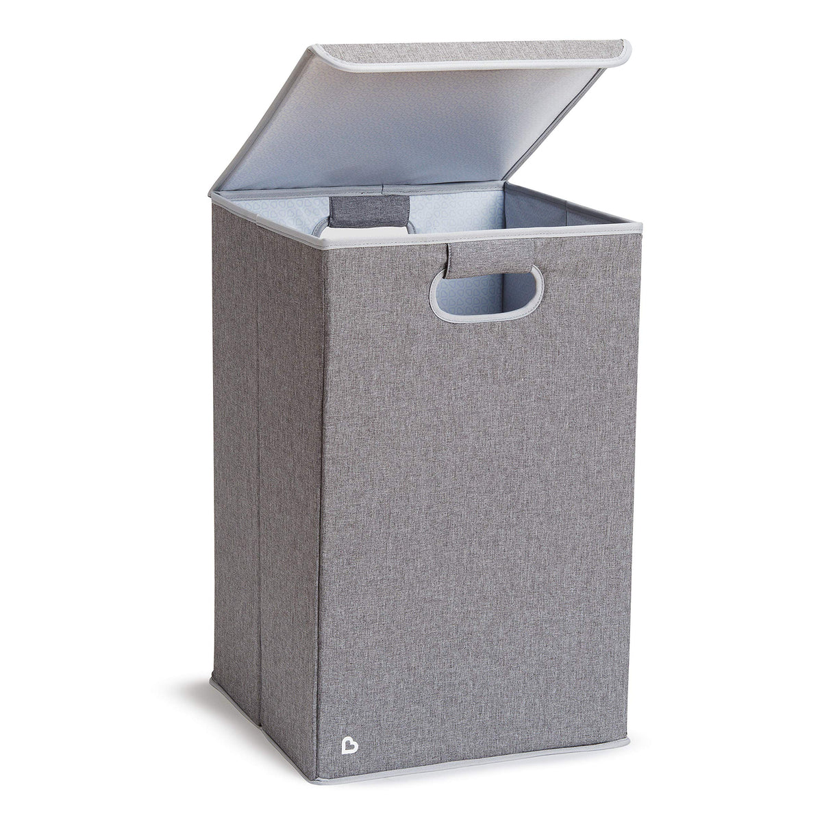 Munchkin Laundry Hamper with Lid showing folding lid for clutter-free nursery organization.