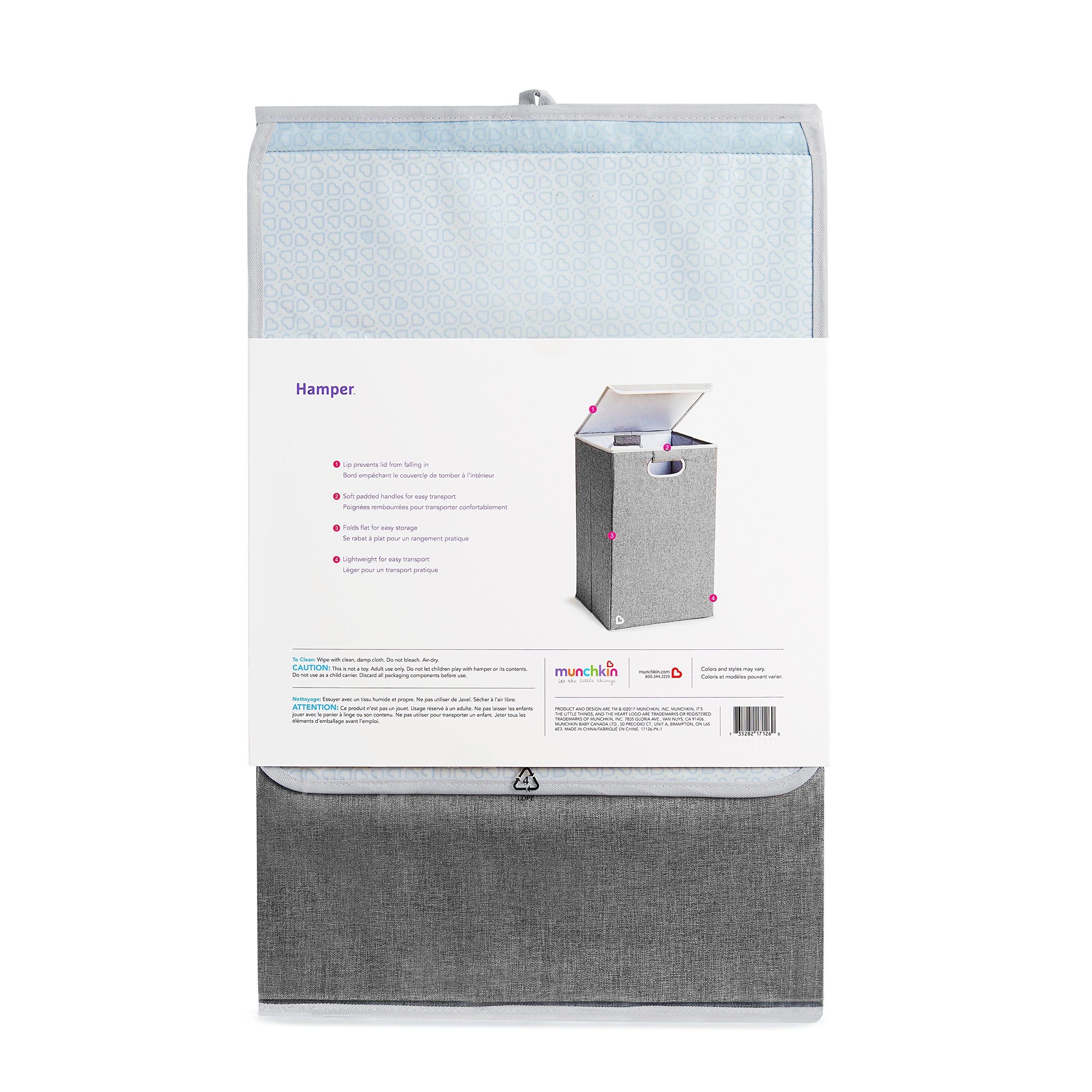 Munchkin Laundry Hamper grey color complements nursery decor while keeping laundry tidy.