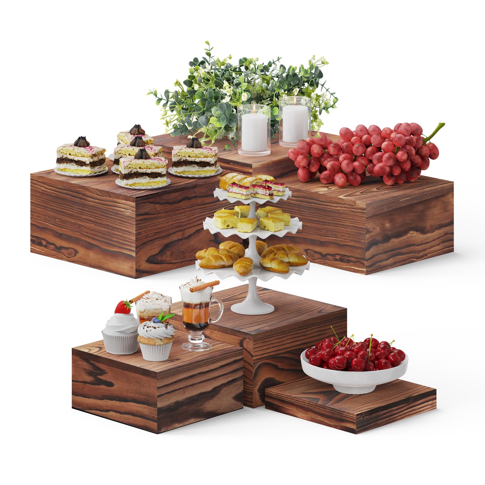 MUNNAR buffet risers 10-inch display elevates desserts with rustic pine charm.