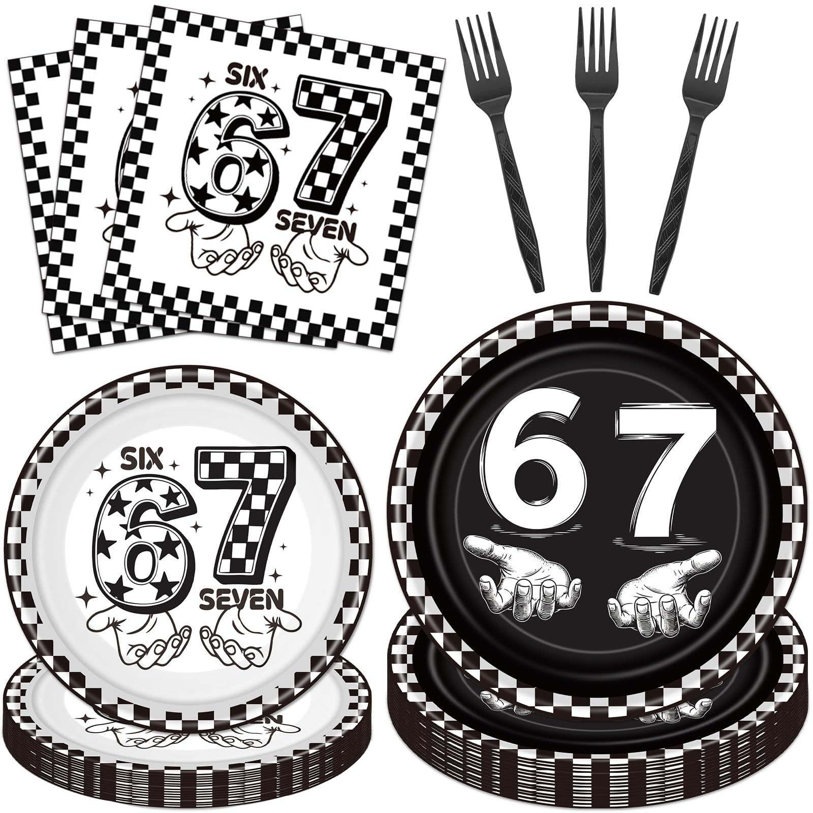 musaeva 6-7 birthday tableware set layout, chic black theme for 24 guests.