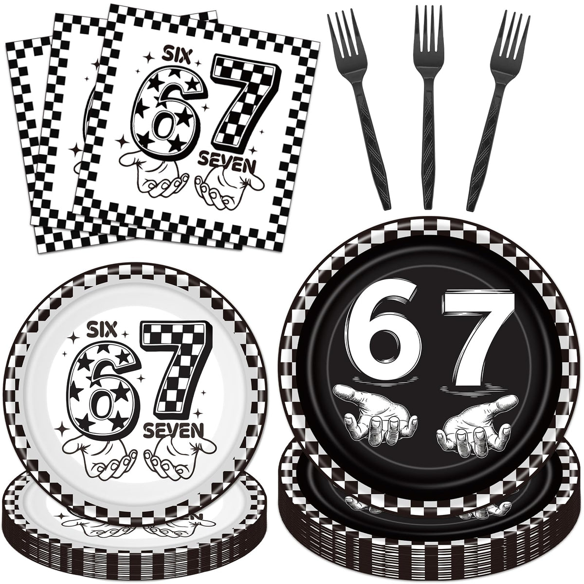 musaeva 6-7 birthday tableware set layout, chic black theme for 24 guests.