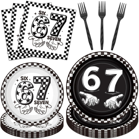 musaeva 6-7 birthday tableware set layout, chic black theme for 24 guests.