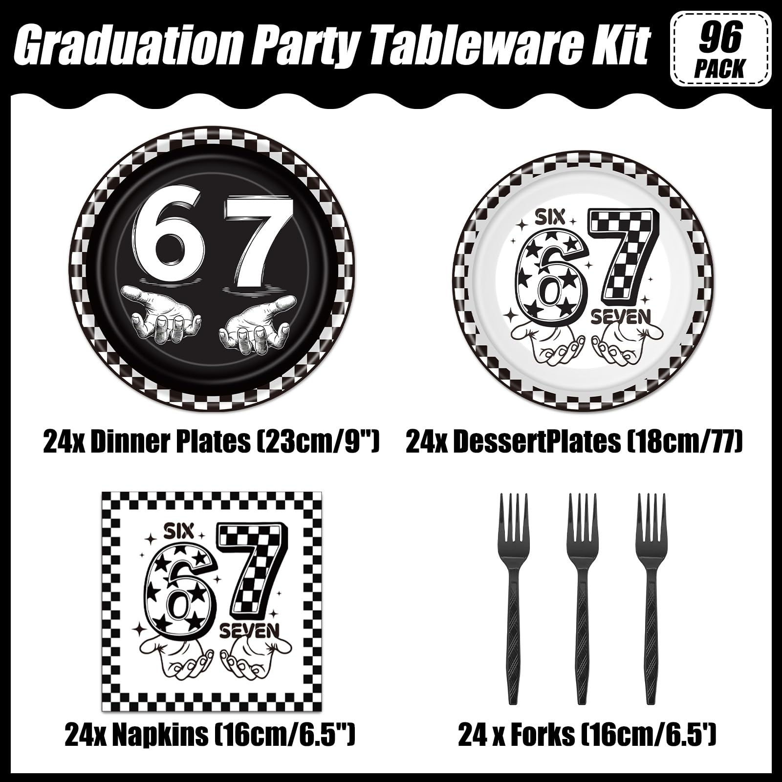 musaeva black 67 meme-pattern plates closeup for teen and adult celebrations.