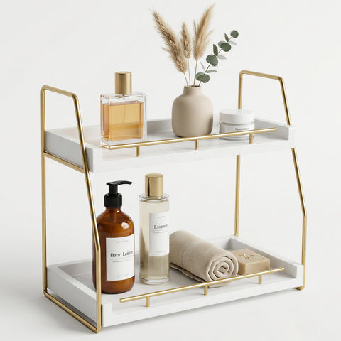 Mustry Mustry bathroom organizer in white and gold front view with two-tier storage.
