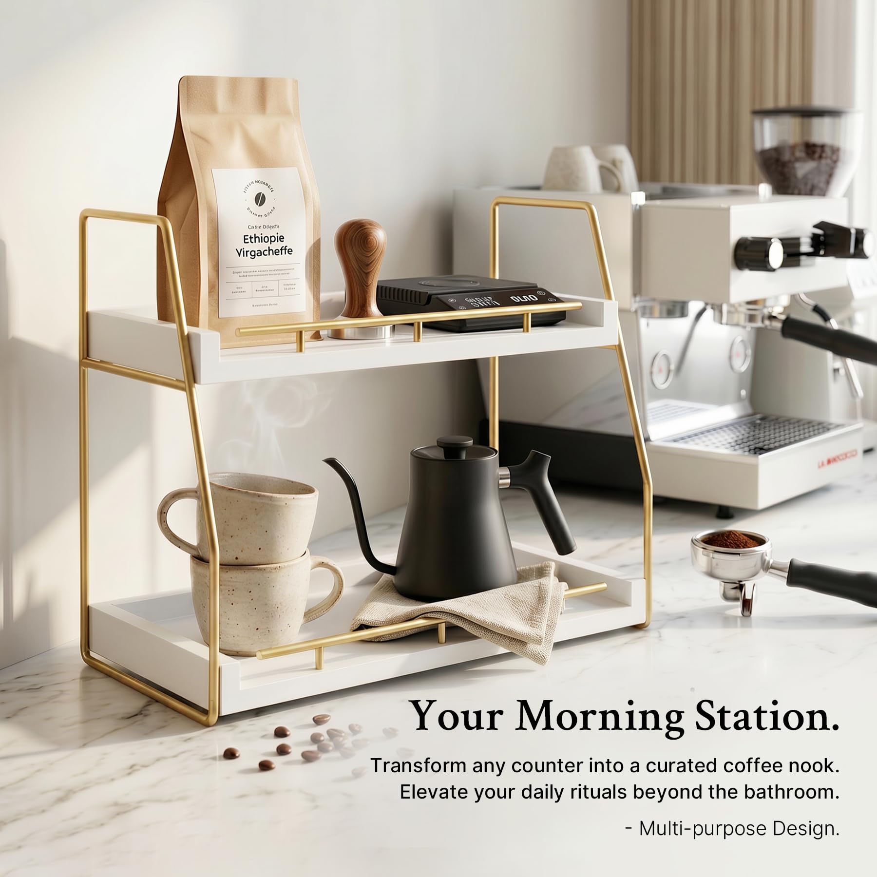Mustry Mustry kitchen or coffee bar shelving with syrups and cups.