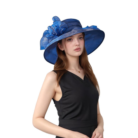 Muswarm Derby Hat front view with navy organza wide brim and floral embellishment.