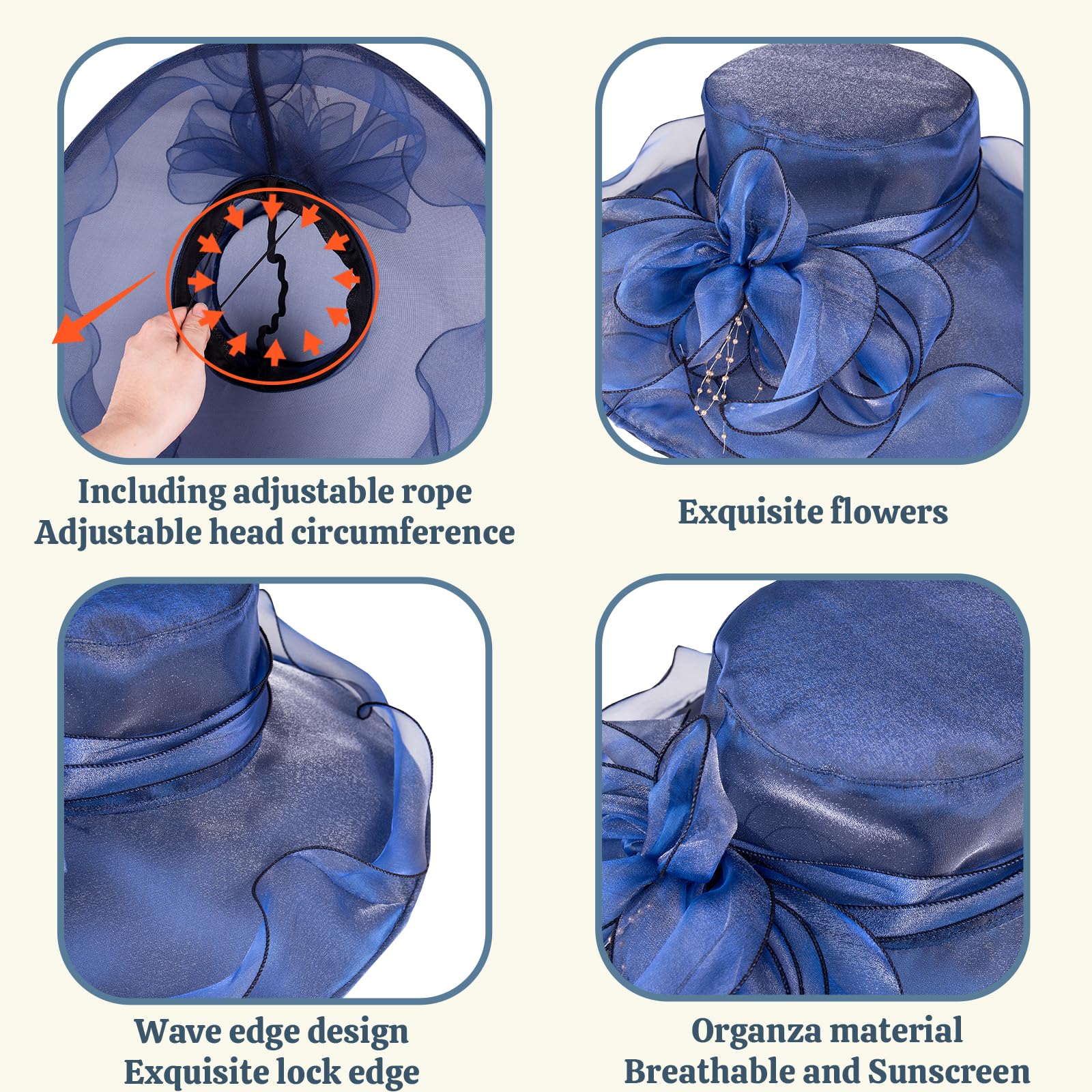 Muswarm navy organza hat in outdoor wedding setting.