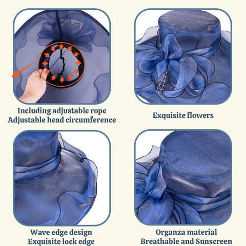Muswarm navy organza hat in outdoor wedding setting.