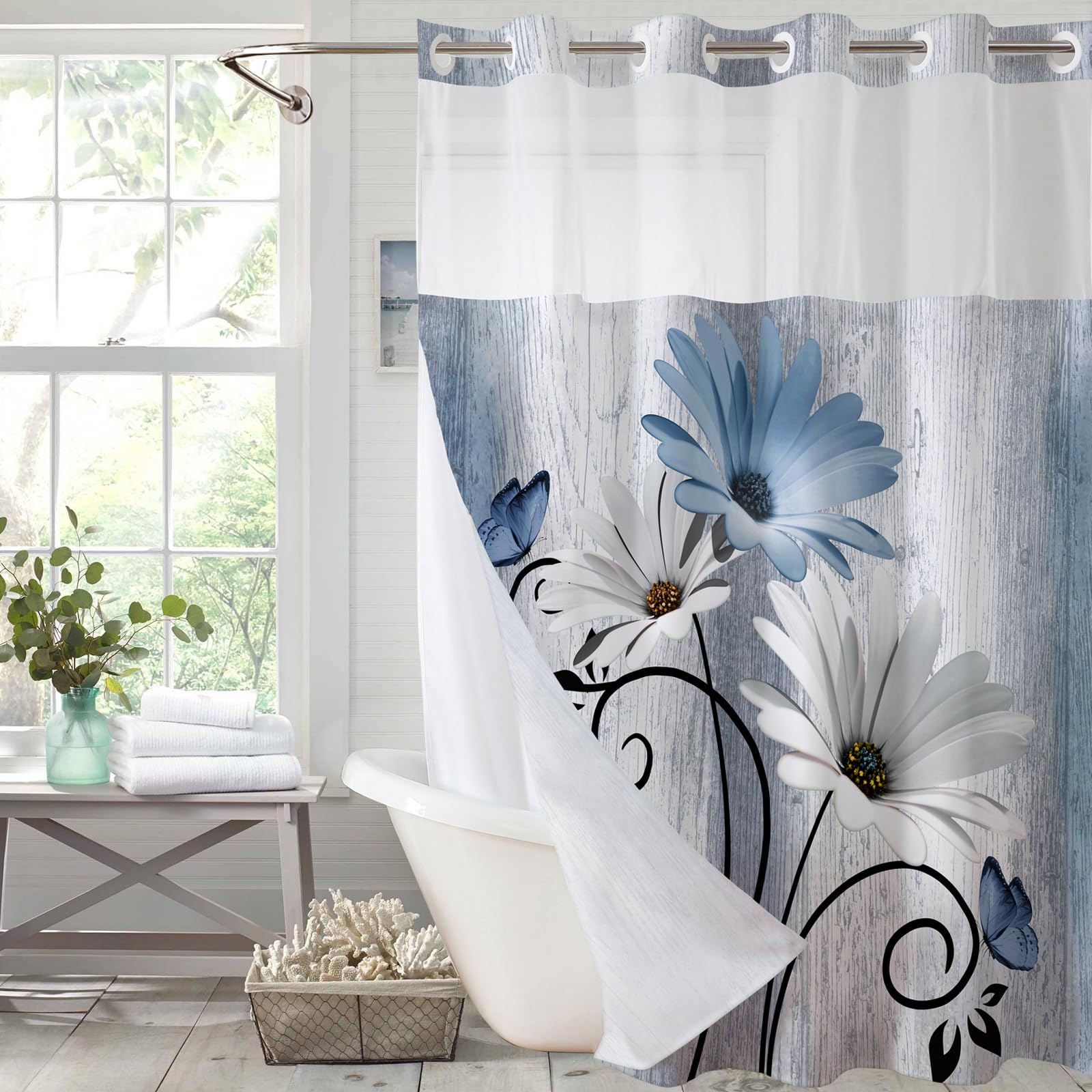 Muuyi hookless shower curtain with blue floral print for quick setup.