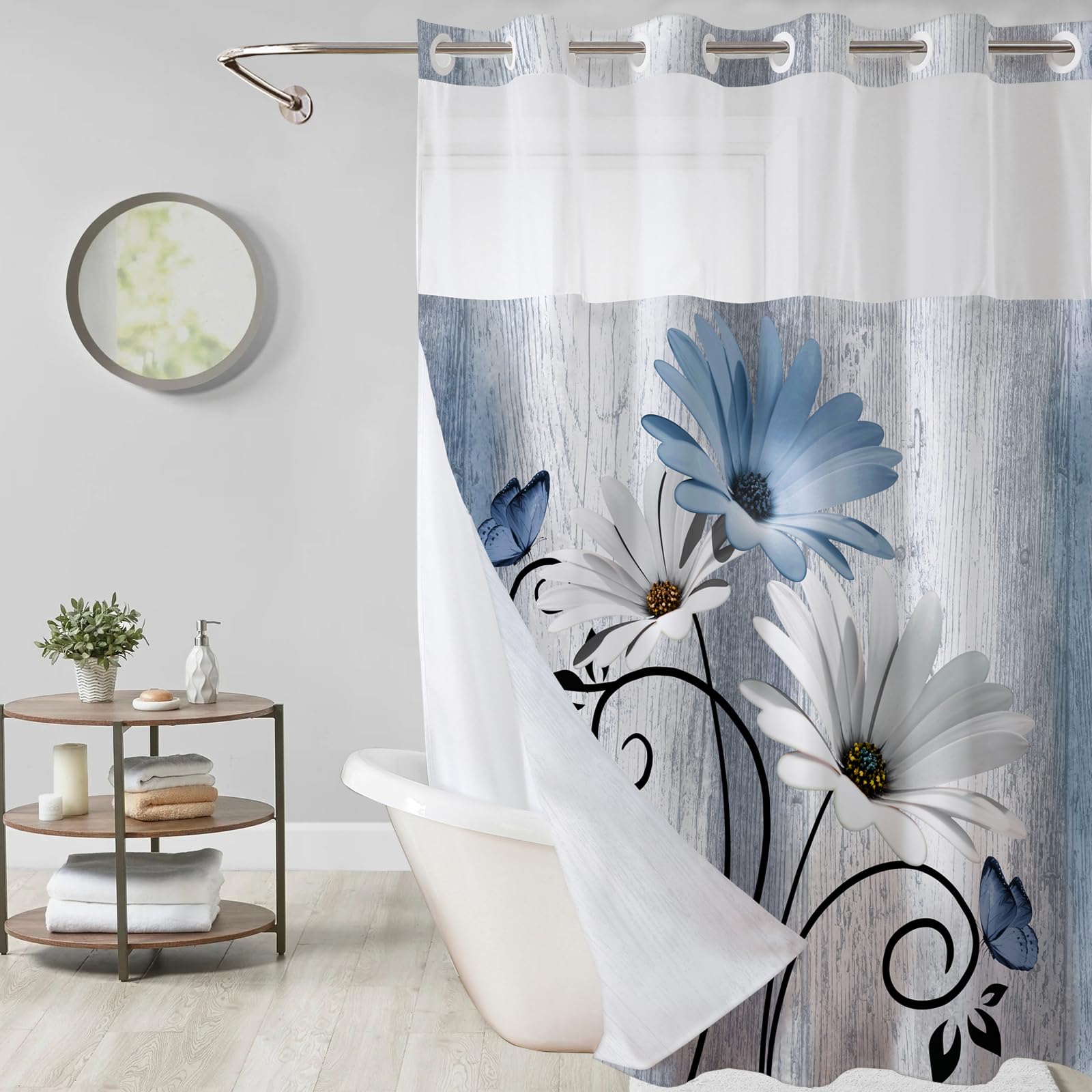 Muuyi snap-in liner shown beside the curtain for secure, hookless fit.