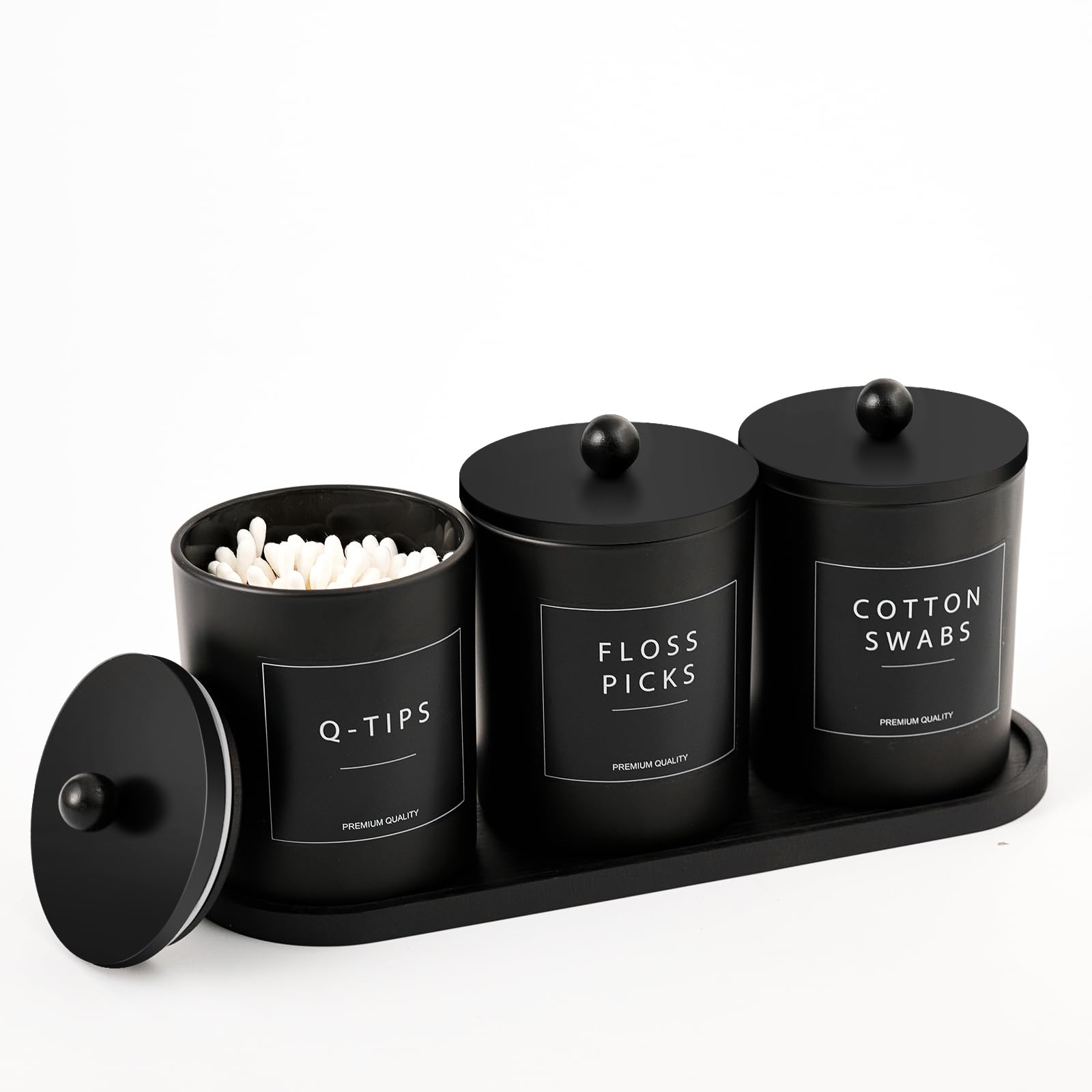 Muveka glass qtip holder set on bamboo tray keeps bathroom items neat and accessible.