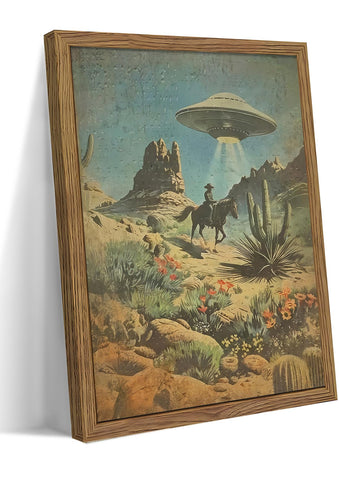 MUWAK framed canvas featuring alien UFO abducting a cowboy, a bold wall focal point.