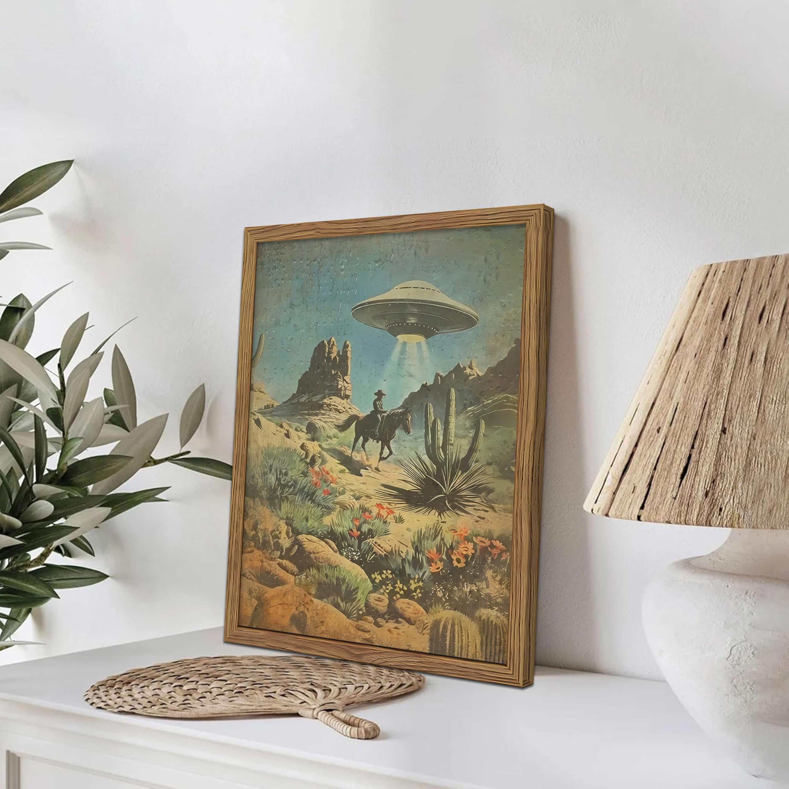 MUWAK wall art shows desert cactus and flowers with vintage sci-fi charm for living rooms.