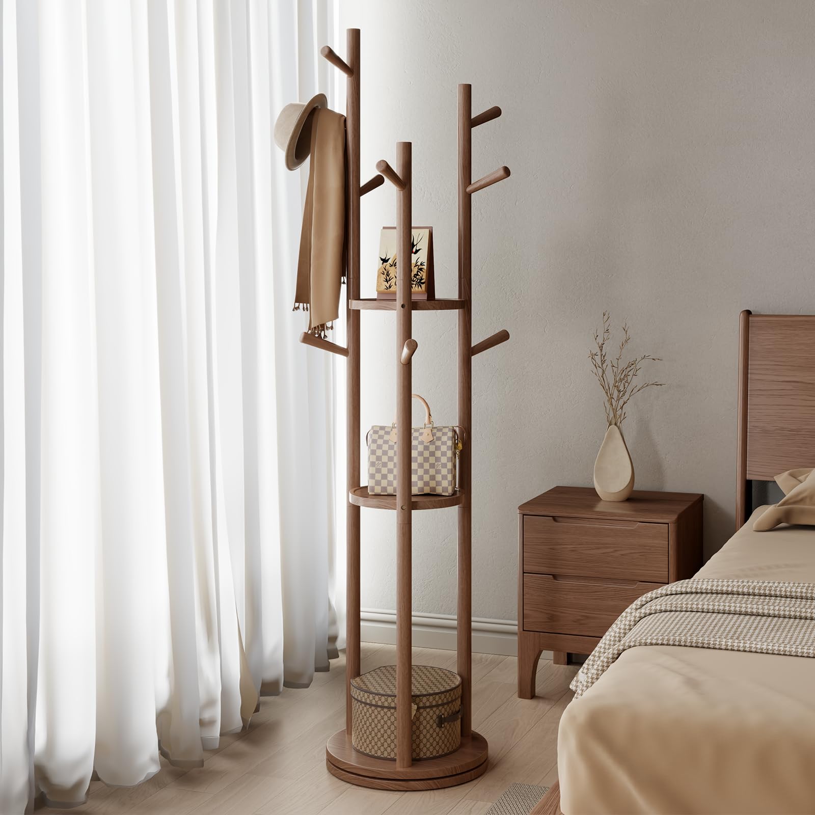 Muwele coat tree wood 3-shelves offers extra space for bags, hats, and scarves.