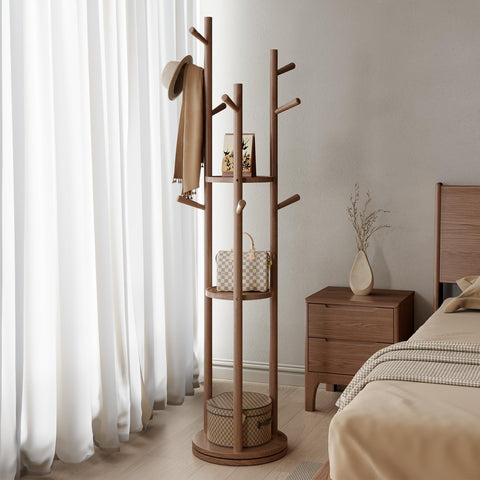 Muwele coat tree wood 3-shelves offers extra space for bags, hats, and scarves.