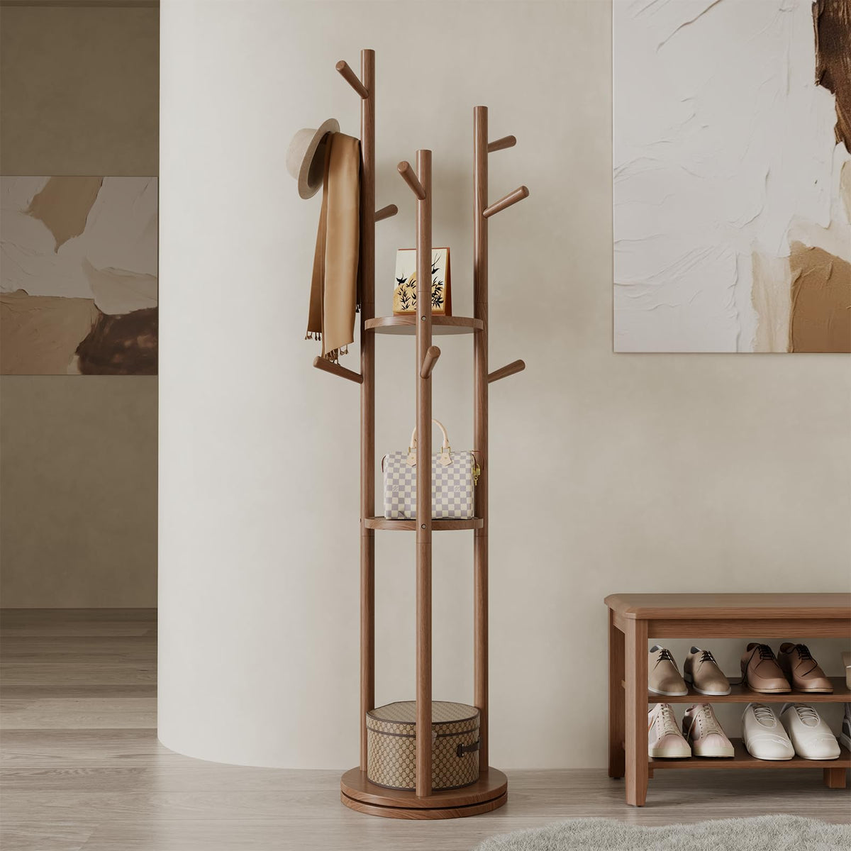 Muwele solid wood rotary coat rack with walnut finish for easy, organized entryway storage.