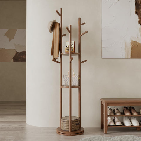 Muwele solid wood rotary coat rack with walnut finish for easy, organized entryway storage.