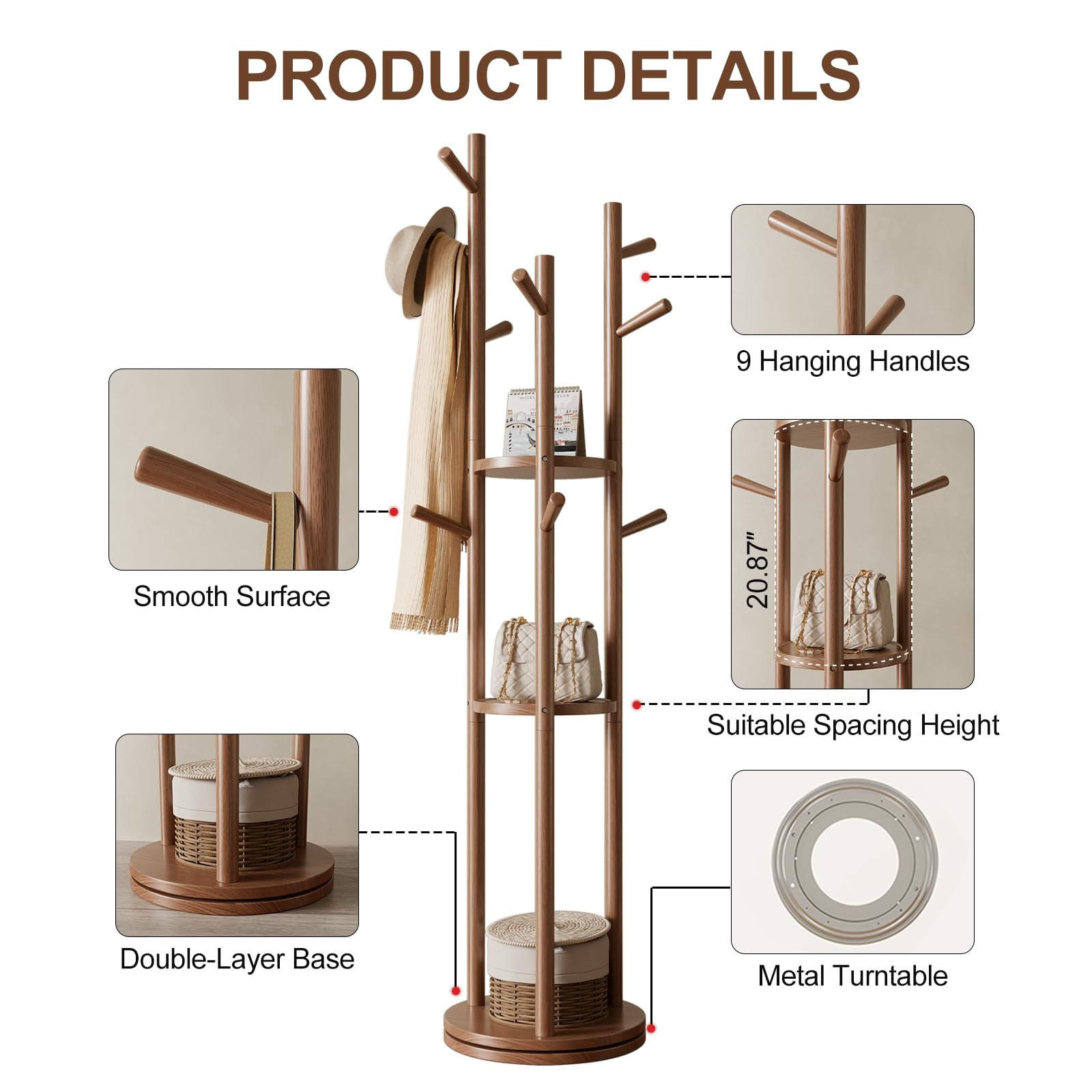 Muwele walnut coat tree features soft arc hooks for gentle garment support.