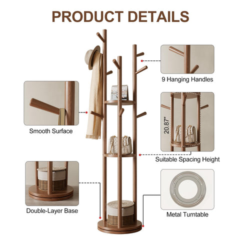 Muwele walnut coat tree features soft arc hooks for gentle garment support.