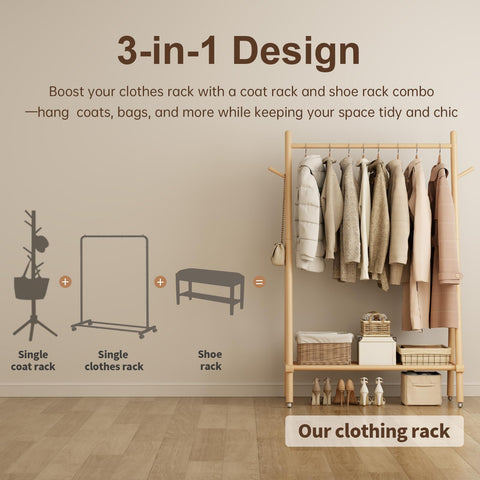 Muwuele solid wood clothing rack assembly displays quick setup and sturdy frame.