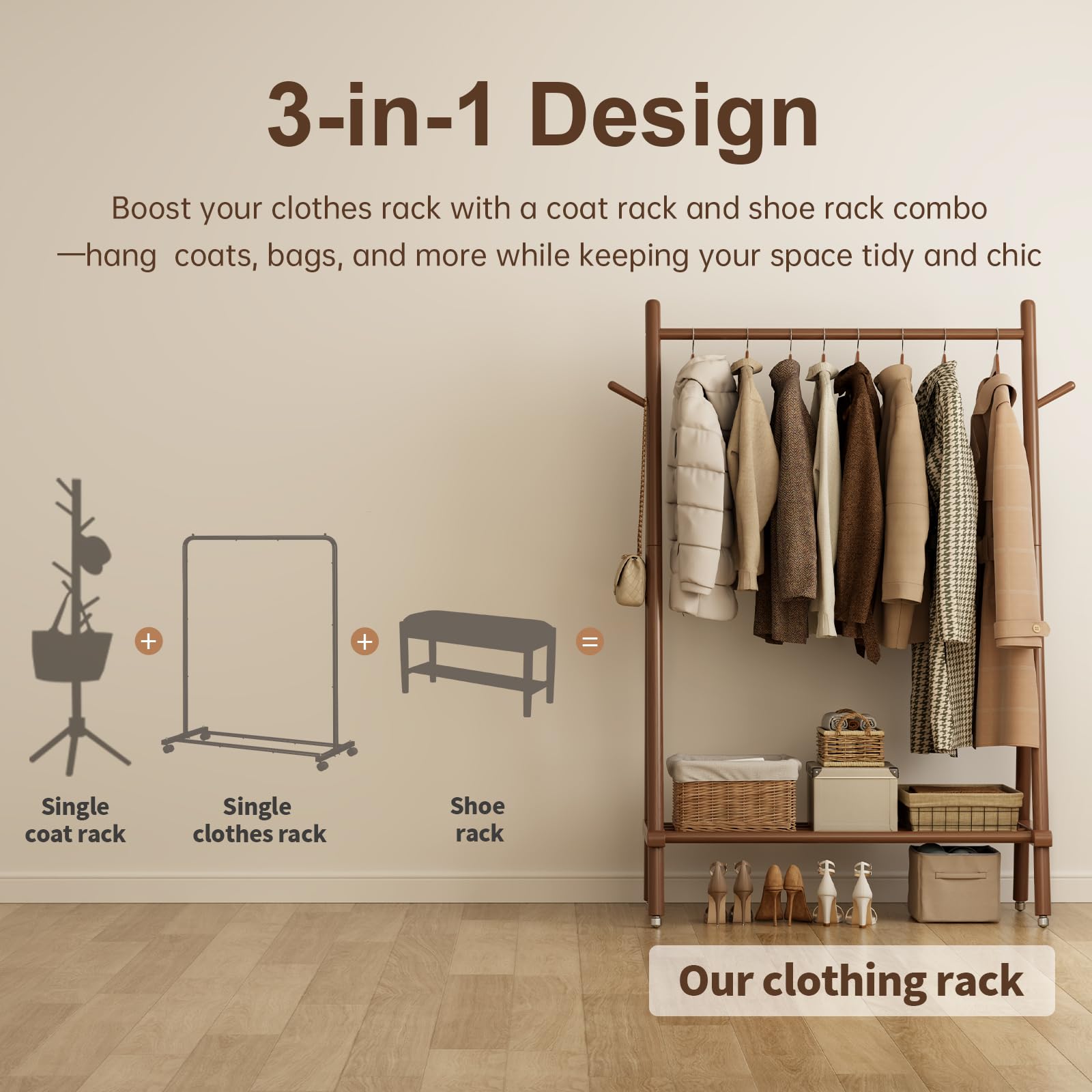 Muwuele bedroom setup shows how a walnut rack complements decor