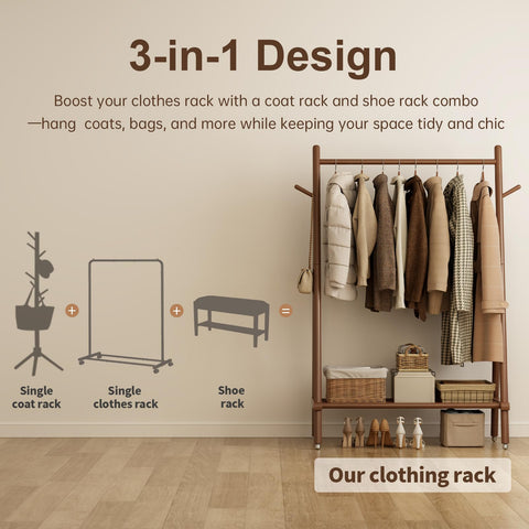 Muwuele bedroom setup shows how a walnut rack complements decor
