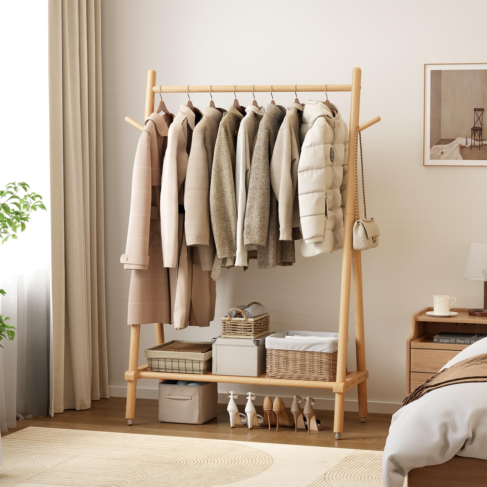 Muwuele solid wood clothing rack front view highlights stable, space-saving design for bedrooms.