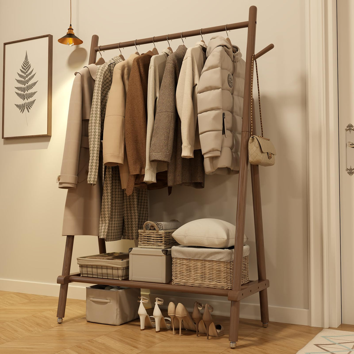 Muwuele solid wood clothing rack hanging clothes in walnut finish for spacious wardrobe organization