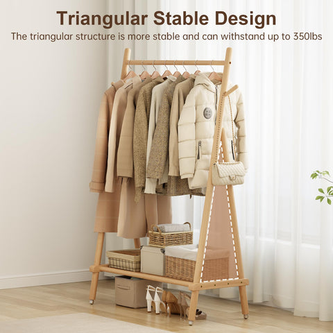Muwuele solid wood clothing rack lacquer finish highlights durable, smooth surface.