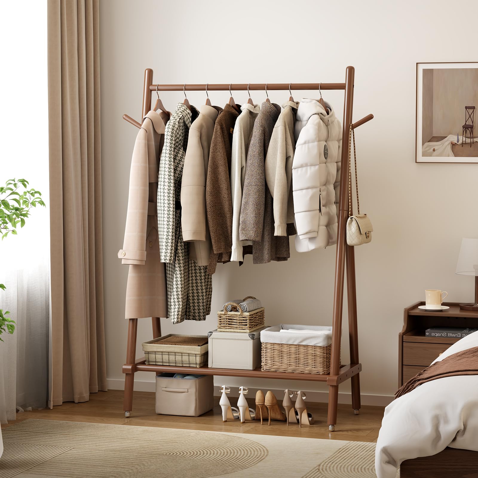 Muwuele solid wood rack shelves in walnut offer storage for bags and shoes
