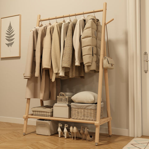 Muwuele solid wood clothing rack side view shows sturdy frame for organized closets.