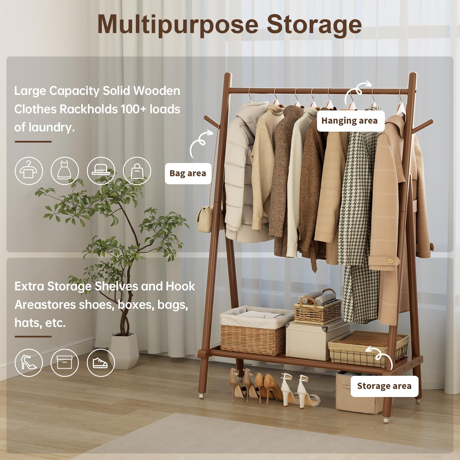 Muwuele solid wood rack with removable wheels enables easy movement and relocation