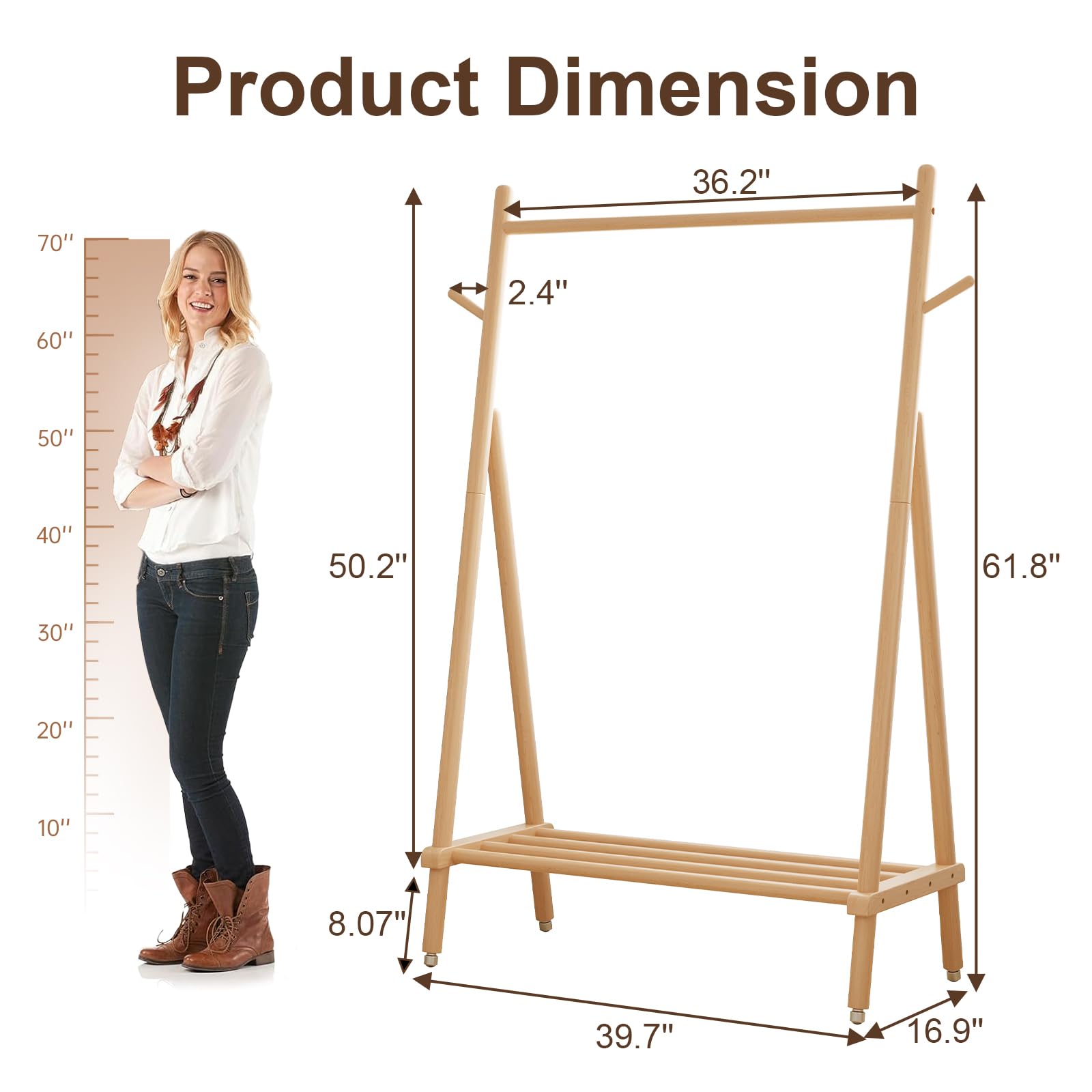 Muwuele solid wood clothing rack with wheels removed for stable floor placement.