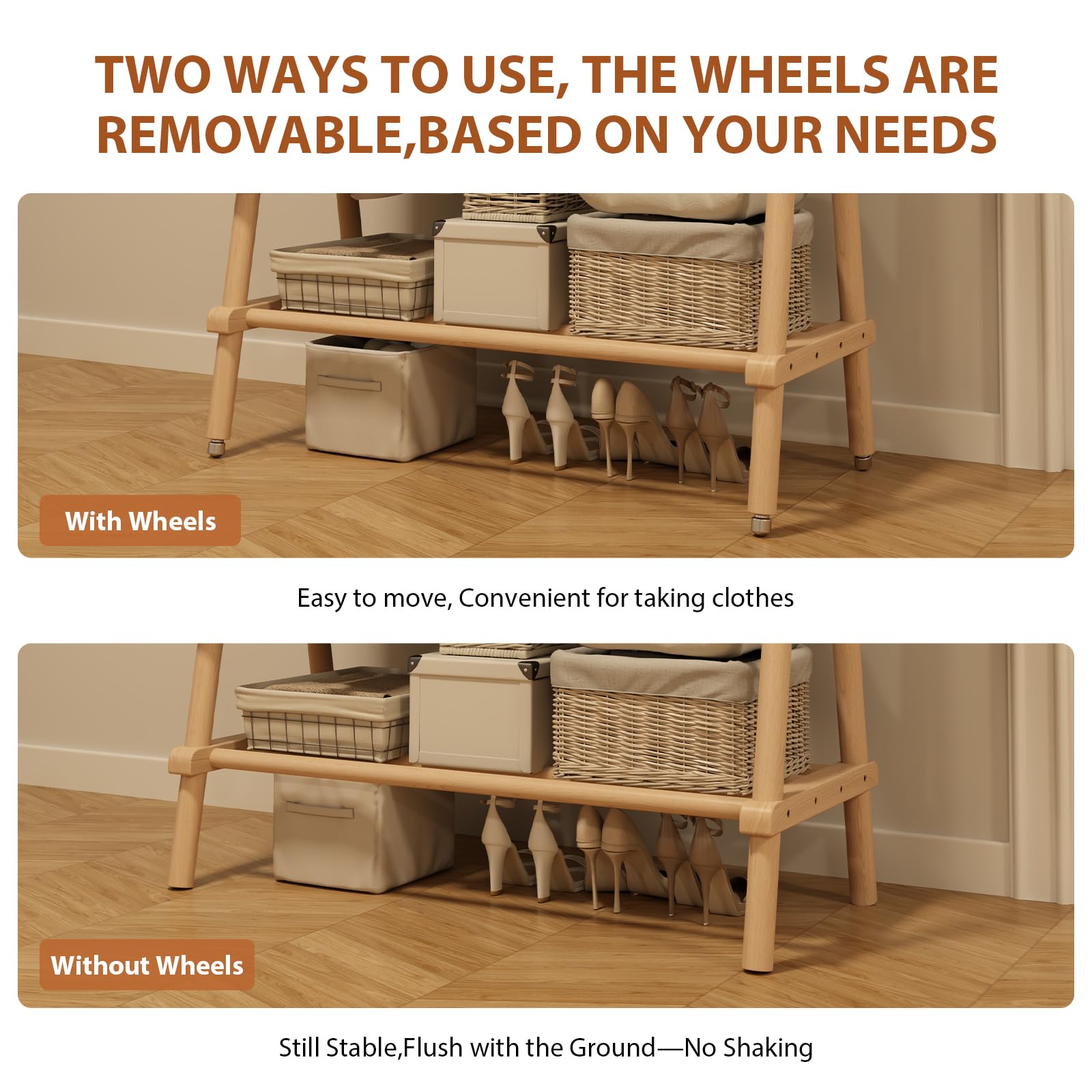 Muwuele solid wood clothing rack with wheels enables easy transport and flexible room setup.