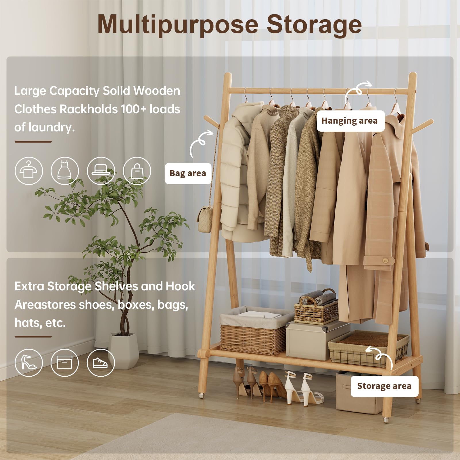 Muwuele solid wood clothing rack with hangers demonstrates ready-to-use storage for daily outfits.