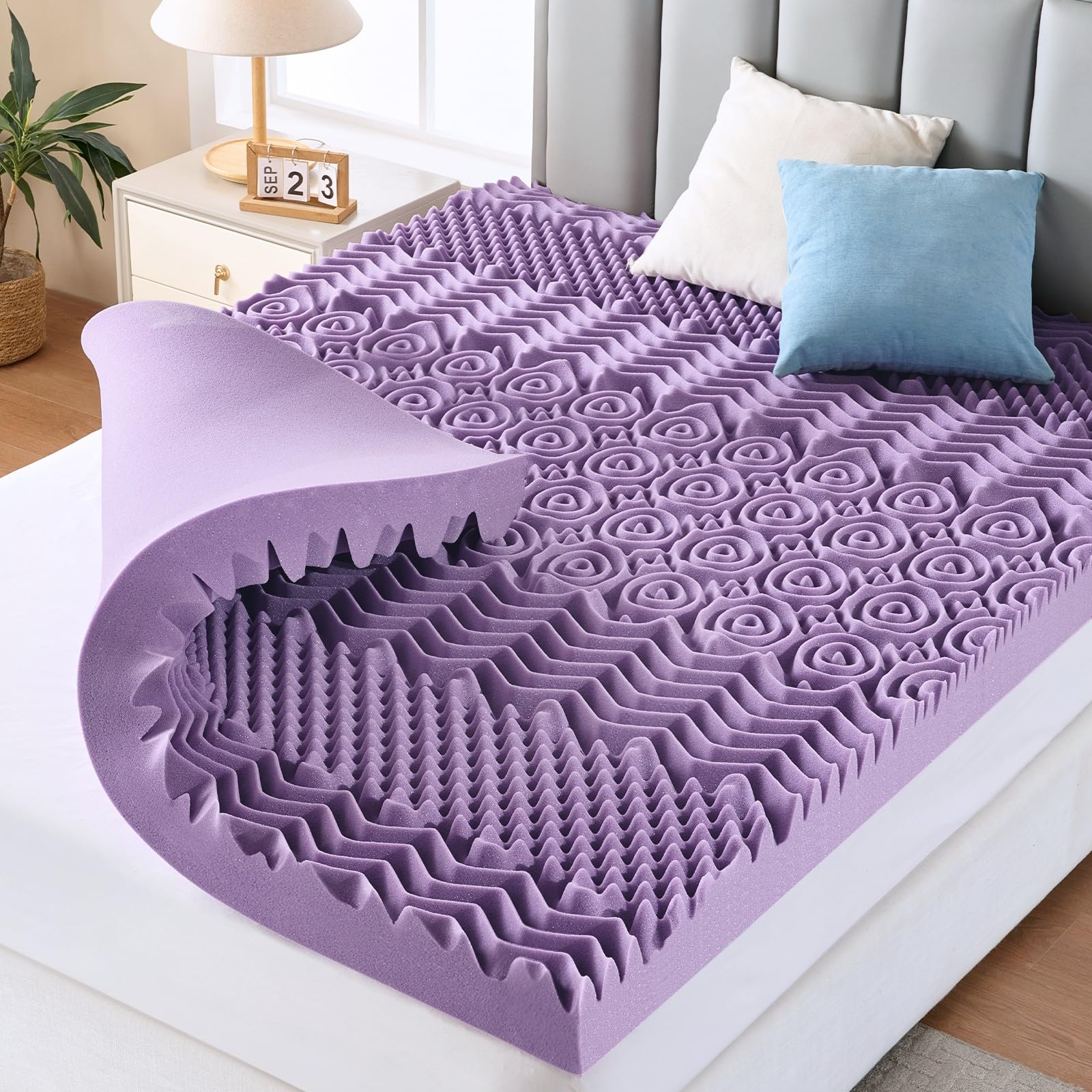 MUXHOMO 3-Inch 7-Zone Queen Topper closeup on foam shows targeted support for better sleep