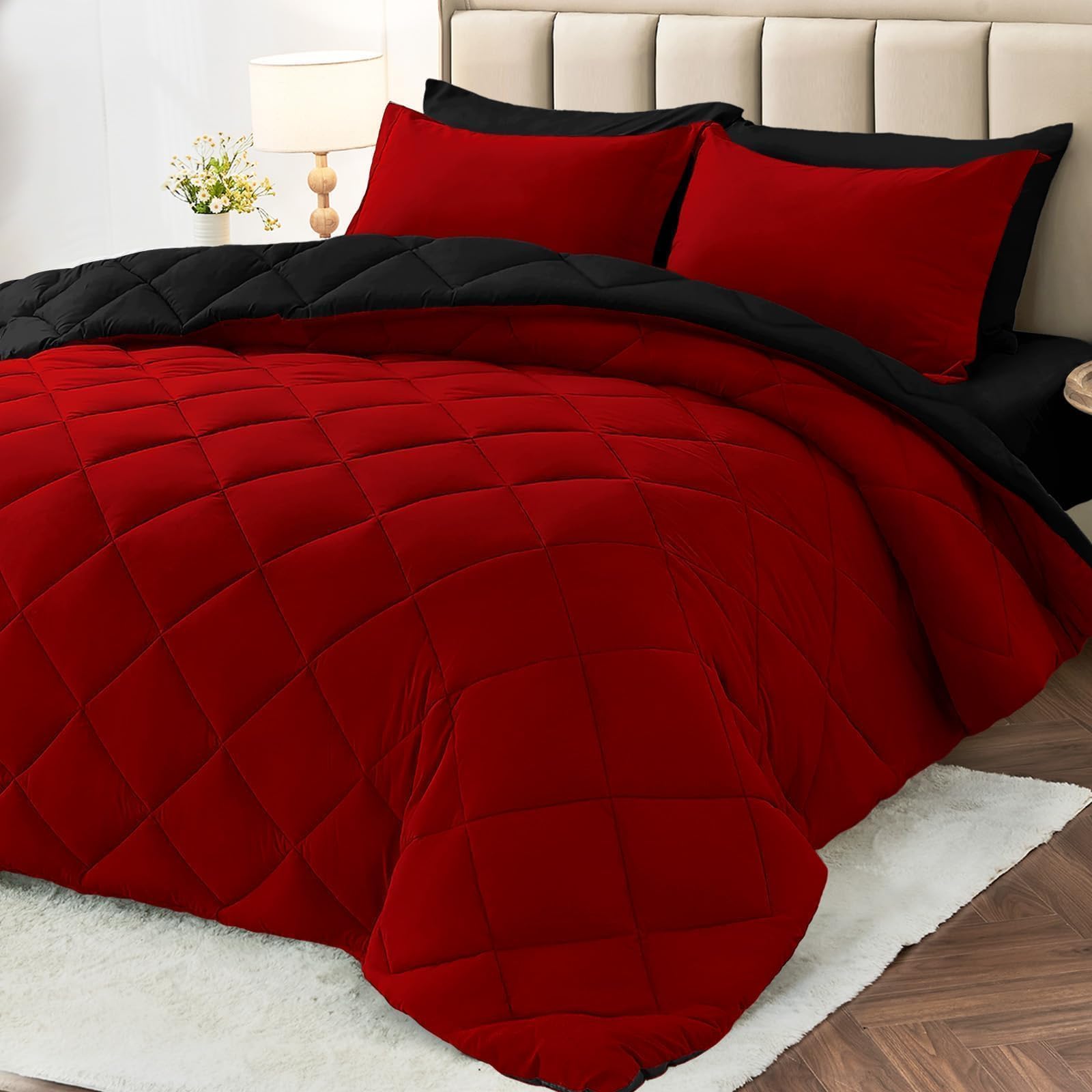 MUXHOMO 7-piece king comforter set in red and black for versatile styling.