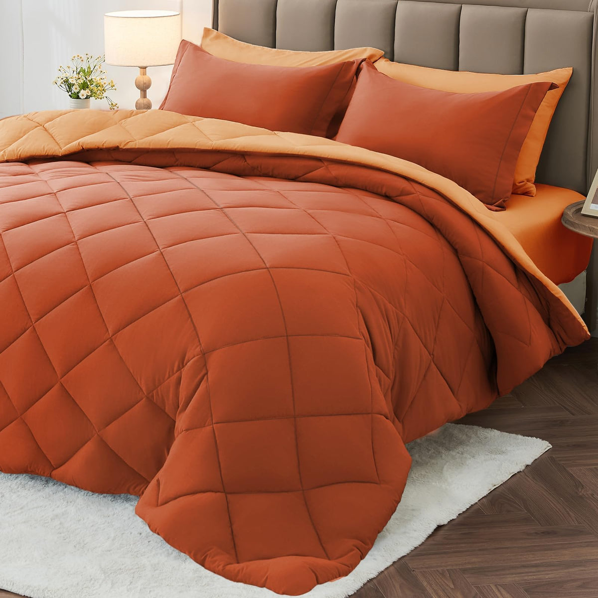 MUXHOMO 7-Pieces Queen Comforter Set shown on bed, highlighting cozy nights and easy care