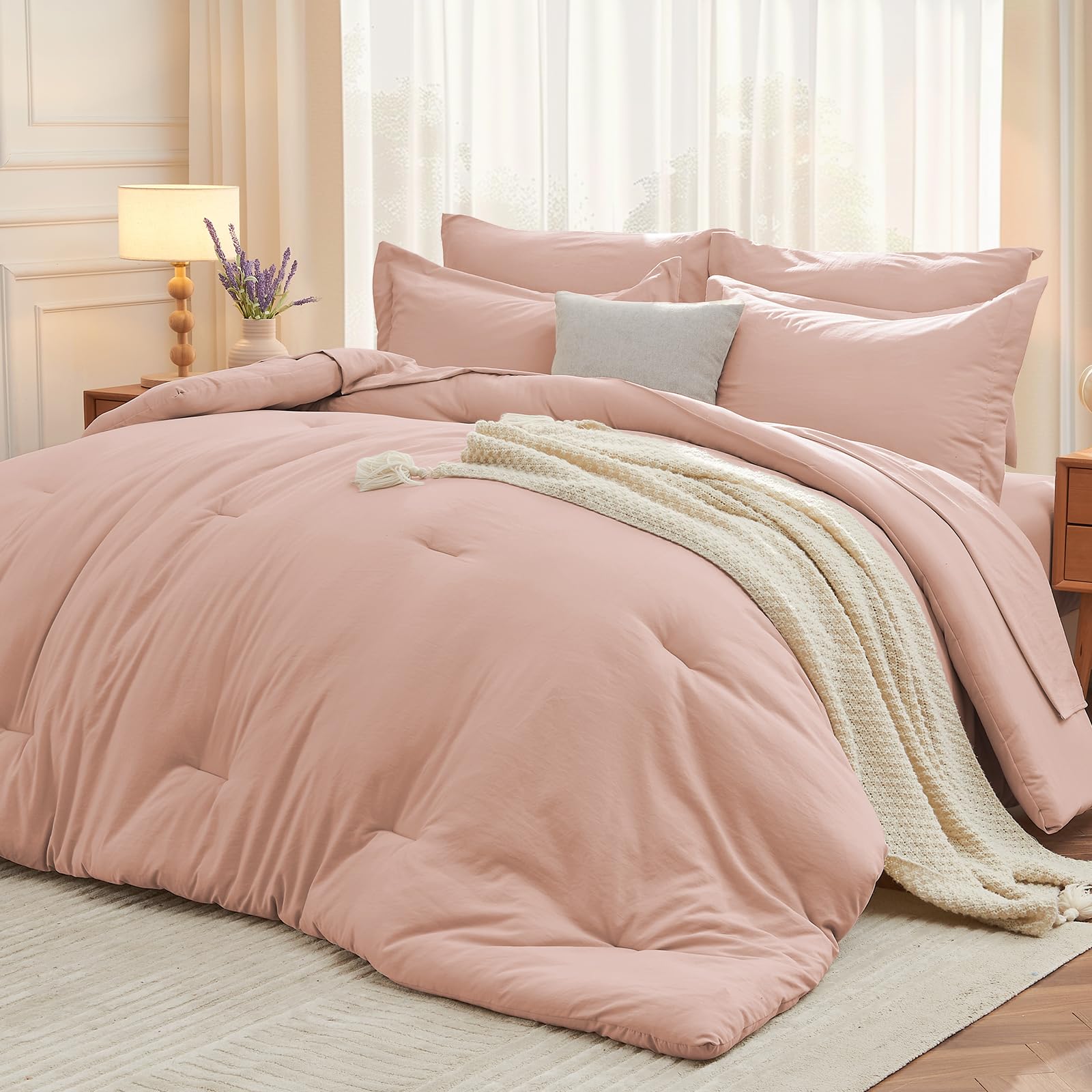 MUXHOMO 7-piece queen comforter set with rose gold finish and ultra-soft microfiber for cozy nights.