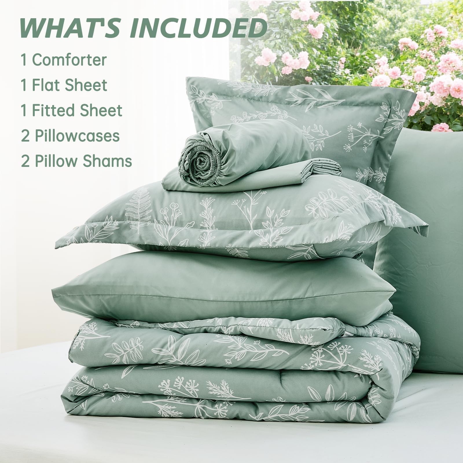 MUXHOMO Bedding room shot with sage tones and botanical accents.