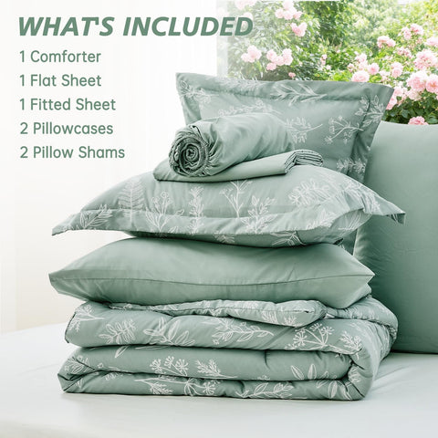 MUXHOMO Bedding room shot with sage tones and botanical accents.
