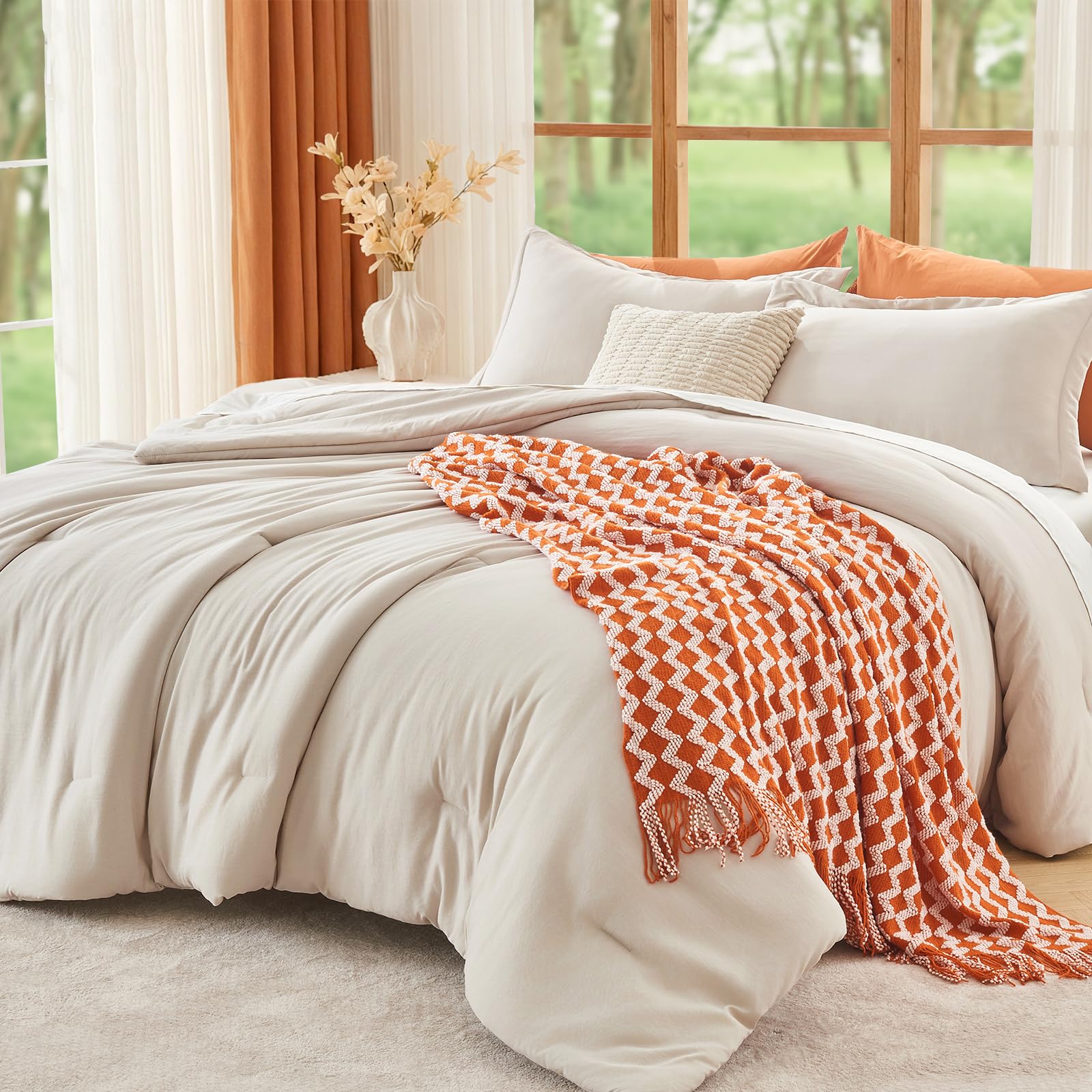 MUXHOMO beige full comforter set shown flat for bed styling and size reference.